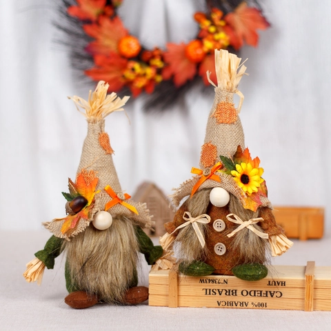Fall Harvest Festival Gnome Decorations Thanksgiving Scarecrow Retractable Doll Linen Sunflower Maple Leaf Gnome Figurine