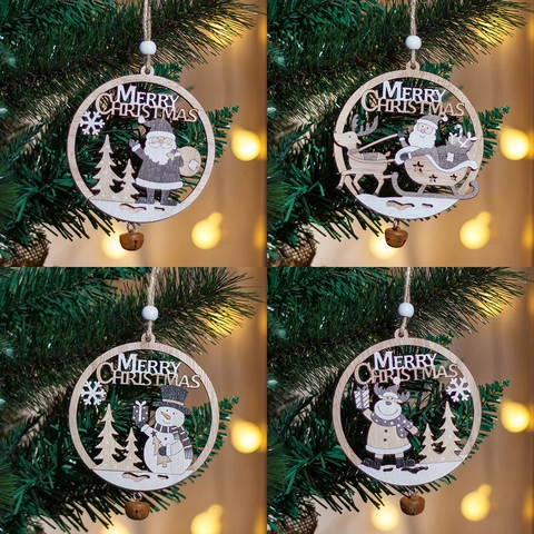 Vintage Hohle Weihnachtsanhänger Aus Holz Mit Glocken Weihnachtsmann Schneemann Rentier Anhänger Für Weihnachtsdekoration