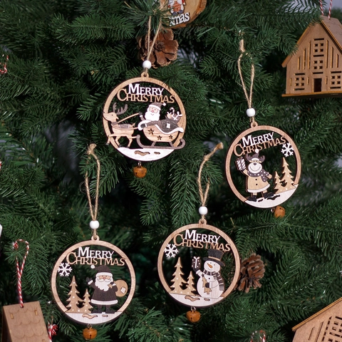 Vintage Hohle Weihnachtsanhänger Aus Holz Mit Glocken Weihnachtsmann Schneemann Rentier Anhänger Für Weihnachtsdekoration