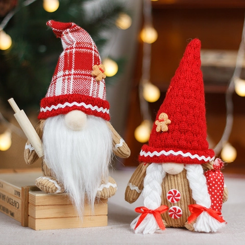 Christmas Gingerbread Man Gnome Plush Doll Red Plaid Faceless Rudolf Santa Figurine Ornament For Xmas Party Home Decor