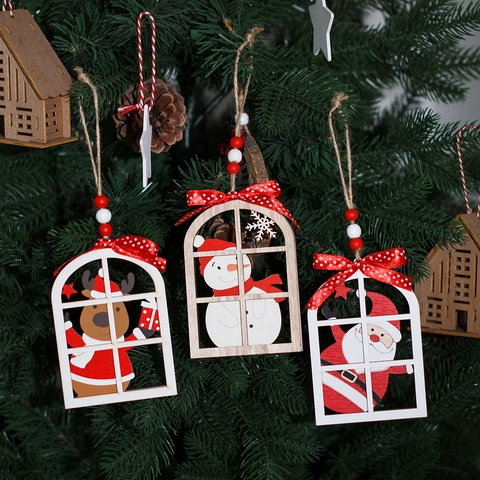 Wooden Christmas Hanging Ornaments Cartoon Santa Claus Snowman Reindeer Window Frame Pendant With Red Bow For Festive Decor
