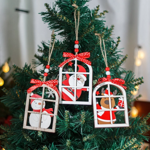 Wooden Christmas Hanging Ornaments Cartoon Santa Claus Snowman Reindeer Window Frame Pendant With Red Bow For Festive Decor