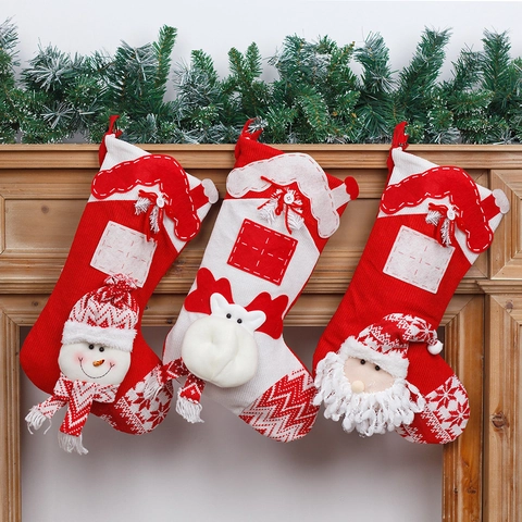 Red White Knitted Christmas Stockings With Santa Snowman Reindeer For Fireplace Hanging Decoration Holiday Gift Bags