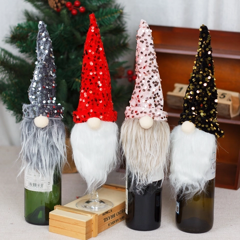 Weihnachten Pailletten Gnom Weinflaschenhülle Gesichtsloser Alter Mann Langer Bart Topper Für Weihnachtsfeier Esstisch Deko