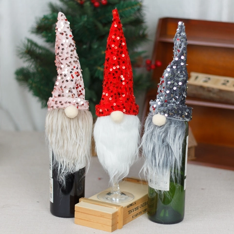 Weihnachten Pailletten Gnom Weinflaschenhülle Gesichtsloser Alter Mann Langer Bart Topper Für Weihnachtsfeier Esstisch Deko
