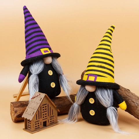 Gnome Sans Visage Halloween Peluche Ornements Chapeau Rayé Violet Jaune Longue Barbe Poupée Nain Maison Table Fête Cadeaux