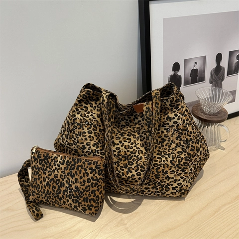 Set Borsa Tote in Tela Leopardata da Donna Con Pochette Grande Capacità Borsa a Spalla per Pendolarismo Quotidiano Moda
