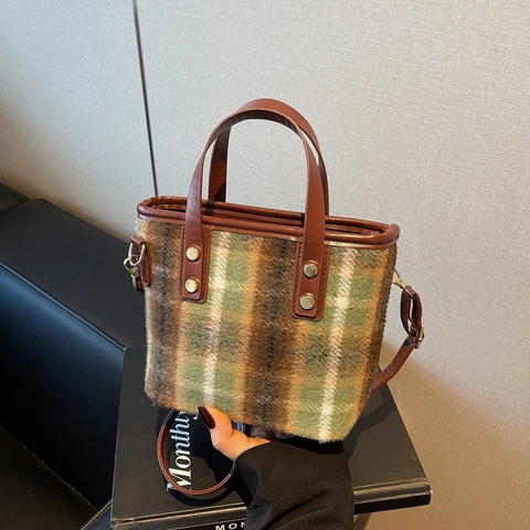Bolso Cubo de Lana a Cuadros Vintage para Mujer Bolso de Hombro Retro de Gran Capacidad Bolso de Mano Casual Otoño Invierno Moda