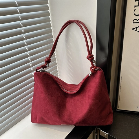 Bolso de Hombro de Textura de Gamuza de Moda para Mujer Correa de Nudo Retro Bolso de Axila Color Sólido Gran Capacidad Bolso Tote 2024