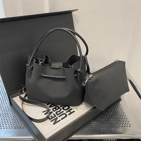Borsa a Secchiello Vintage in Pelle PU Opaca Donna Manico con Nodi Coulisse Borsa con Pochette Interna Borsa a Tracolla Pendolare