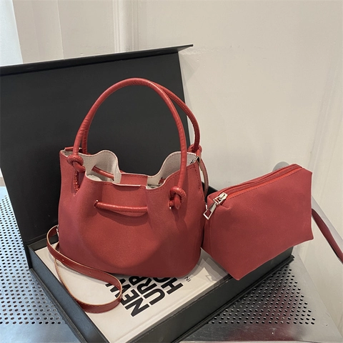 Borsa a Secchiello Vintage in Pelle PU Opaca Donna Manico con Nodi Coulisse Borsa con Pochette Interna Borsa a Tracolla Pendolare