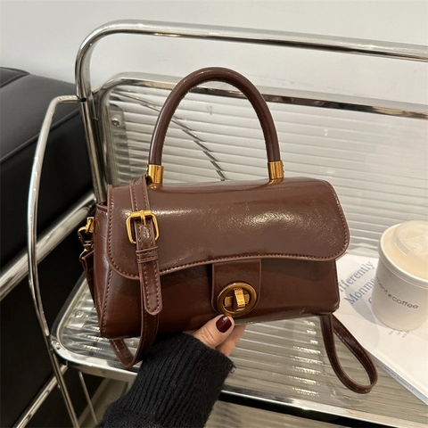 Bolso de Mano de Cuero PU Vintage para Mujer Retro Color Sólido Pequeño Bolso Cuadrado Bandolera Con Cierre de Metal Dorado