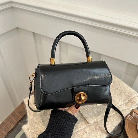 Bolso de Mano de Cuero PU Vintage para Mujer Retro Color Sólido Pequeño Bolso Cuadrado Bandolera Con Cierre de Metal Dorado