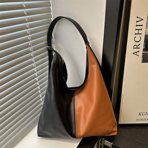 Minimalist Large Capacity PU Leather Color Block Tote Bag For Women Versatile Commute Shoulder Bag Chic Contrast Underarm Bag