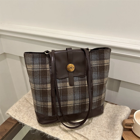 Damen Vintage Karo Tragetasche Große Kapazität Wollstoff Spleißen Kunstleder Schultertasche Für Reise Alltag