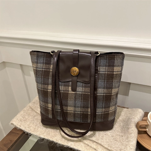 Damen Vintage Karo Tragetasche Große Kapazität Wollstoff Spleißen Kunstleder Schultertasche Für Reise Alltag