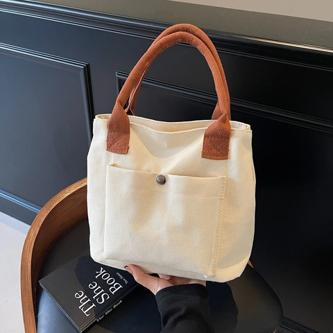Urban Minimalist Women Canvas Tote Bag Vintage Fabric Handbag With Metal Snap Front Pocket Casual Solid Color Daily Bag