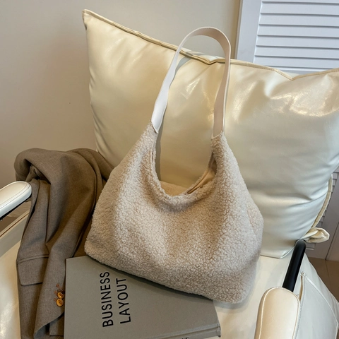 Bolso Tote de Felpa para Mujer Gran Capacidad Estilo Coreano Color Sólido Lana de Cordero Bolso de Hombro Suave Invierno Hobo