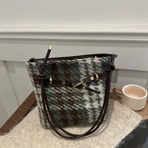 Borsa a Secchiello in Lana a Quadri Retro da Donna Con Tracolla in Pelle Dettagli Oro Borsa a Tracolla a Quadri