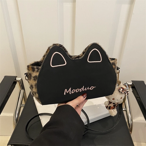 Borsa a Spalla da Donna alla Moda con Orecchie di Gatto Maculata in Pelle PU e Peluche Sottoascella Borsa a Tracolla Carina