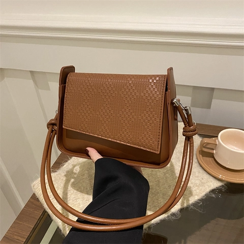 Women Minimalist PU Leather Woven Flap Shoulder Bag Chic Knot Strap Small Square Underarm Bag Versatile Daily Crossbody Bag