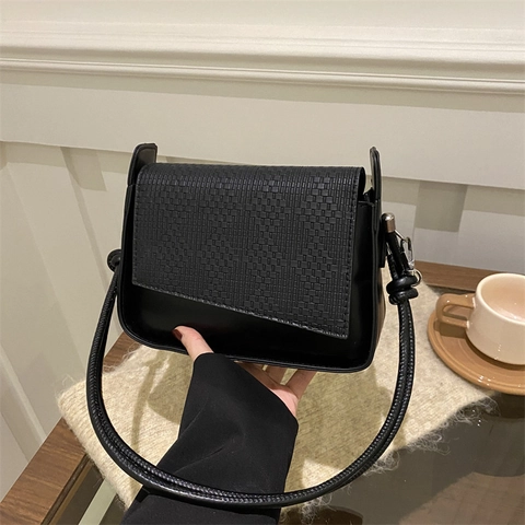 Women Minimalist PU Leather Woven Flap Shoulder Bag Chic Knot Strap Small Square Underarm Bag Versatile Daily Crossbody Bag