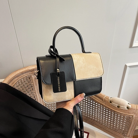 Women Vintage Stitching Contrast Handbag Synthetic Leather Small Square Crossbody Bag Adjustable Strap For Daily Commute Dating