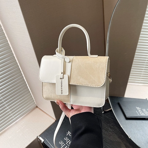 Women Vintage Stitching Contrast Handbag Synthetic Leather Small Square Crossbody Bag Adjustable Strap For Daily Commute Dating