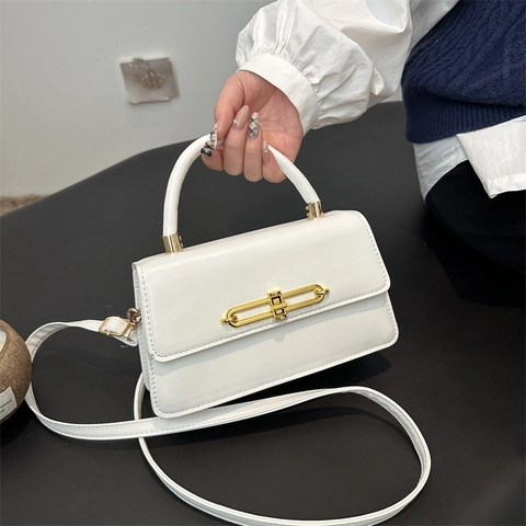 Women Minimalism PU Leather Small Square Bag Gold Link Buckle High-End Shoulder Crossbody Bag Top Handle Purse