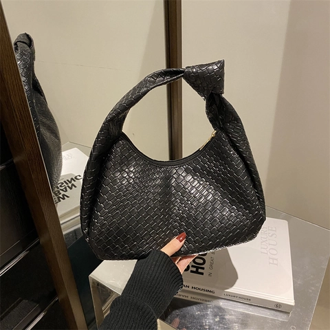 Women Woven PU Underarm Bag Fashion Knotted Handle Hobo Bag Vintage Large Capacity Shoulder Bag Intrecciato Weave Handbag
