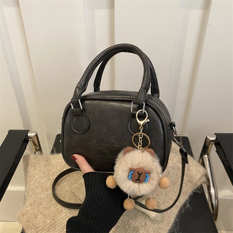Women Retro PU Leather Shoulder Bag Maillard Style Handbag With Embossed Lucky Lettering And Plush Pendant Small Square Bag