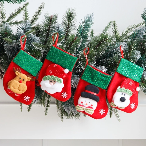 Christmas Sequin Cuff Mini Socks Santa Snowman Reindeer Bear 3D Cartoon Plush Hanging Decor For Christmas Tree Home Party