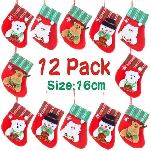 Mini Calcetines de Navidad Decorativos Rayas Rojas Verdes Con Personajes 3D Papá Noel Muñeco de Nieve Reno Oso Polar