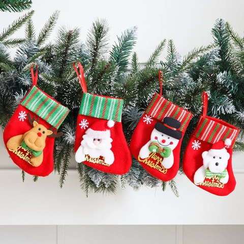 Mini Christmas Stockings Gift Bag Polyester Small Socks Hanging Decorations Santa Snowman Reindeer Bear Pattern Holiday Ornament