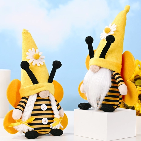 Handmade Bee Day Gnome Plush Doll Winged Striped Rudolf Doll For Home Table Decor Summer Spring Party Ornament Gift