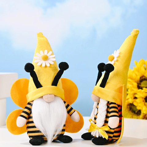 Handmade Bee Day Gnome Plush Doll Winged Striped Rudolf Doll For Home Table Decor Summer Spring Party Ornament Gift