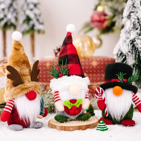 Christmas Gnome Ornaments Plaid Hat Forest Old Man Rudolph Plush Doll Antlers Gnome For Holiday Party Home Table Decor