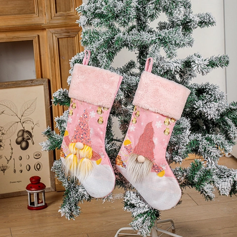 Pink LED Christmas Stocking Sequin Gnome Design Plush Cuff Large Xmas Gift Bag Hanging Decor For Fireplace Home Holiday Party
