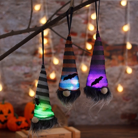 Halloween Leuchtender Zwerg Gesichtsloser Puppe Anhänger LED Gestreifter Hut Fledermaus Spinne Dekor Festliche Party Dekoration