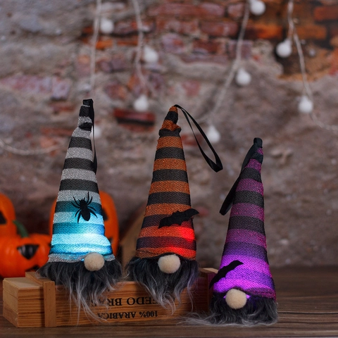 Halloween Leuchtender Zwerg Gesichtsloser Puppe Anhänger LED Gestreifter Hut Fledermaus Spinne Dekor Festliche Party Dekoration