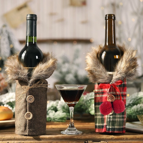 Christmas Wine Bottle Cover Faux Fur Collar Plaid Herringbone Fabric Wine Bag Decoration For Holiday Party Table Decor