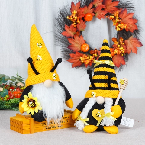 Bumble Bee Gnome Plush Male And Female Dolls Sunflower Honeybee Faceless Elf Spring Summer Tiered Tray Home Table Decor
