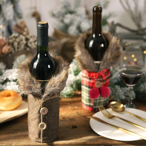 Christmas Wine Bottle Cover Faux Fur Collar Plaid Herringbone Fabric Wine Bag Decoration For Holiday Party Table Decor