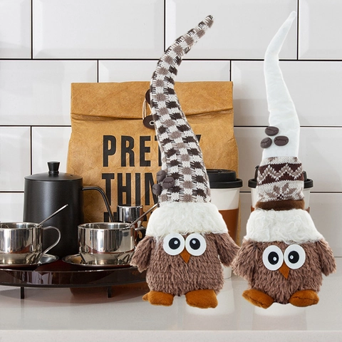 Coffee Themed Owl Gnome Plush Doll Nordic Style Long Hat Owl Ornament For Coffee Bar Home Desktop Decoration Christmas Gift