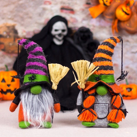 Gnomo de Halloween Muñeca de Bruja de Peluche Con Escoba Araña Sombrero a Rayas Muñeca Sin Rostro Adornos para Fiesta Hogar Escritorio