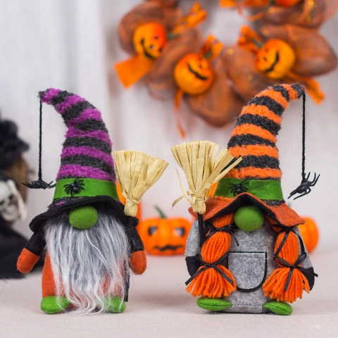 Gnomo de Halloween Muñeca de Bruja de Peluche Con Escoba Araña Sombrero a Rayas Muñeca Sin Rostro Adornos para Fiesta Hogar Escritorio