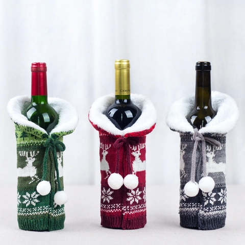 Christmas Knitted Wine Bottle Covers Plush Collar Elk Snowflake Pattern Festive Home Dinner Party Table Decoration Caps