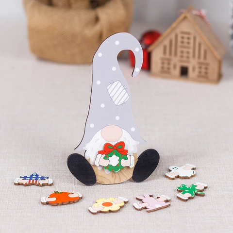Wooden Gnome Desktop Ornament With Interchangeable Magnetic Pumpkin Ghost Clover Heart Flower Bunny Wreath Holiday Decor
