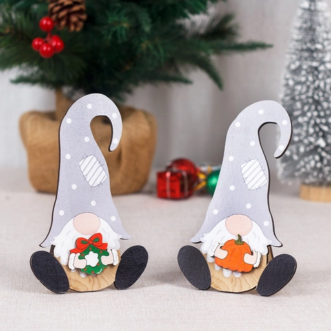 Wooden Gnome Desktop Ornament With Interchangeable Magnetic Pumpkin Ghost Clover Heart Flower Bunny Wreath Holiday Decor