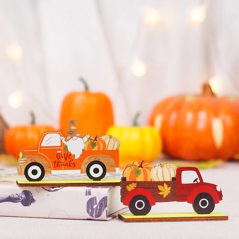Adorno de Mesa de Camión de Madera para Acción de Gracias Decoración de Calabaza Gnomo Con Letras Give Thanks para Hogar